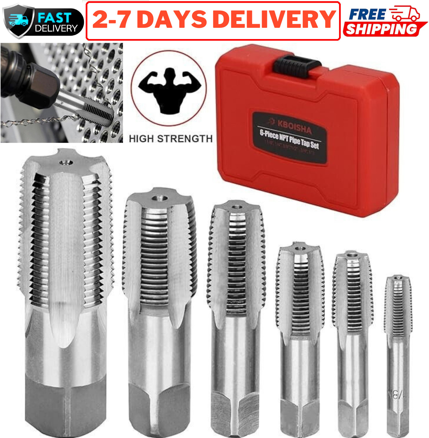 6pcs NPT Taper Pipe Tap Set Full Set Threader 1″ 3/4″ 1/2″ 3/8″ 1/4″ 1/8″ Inch