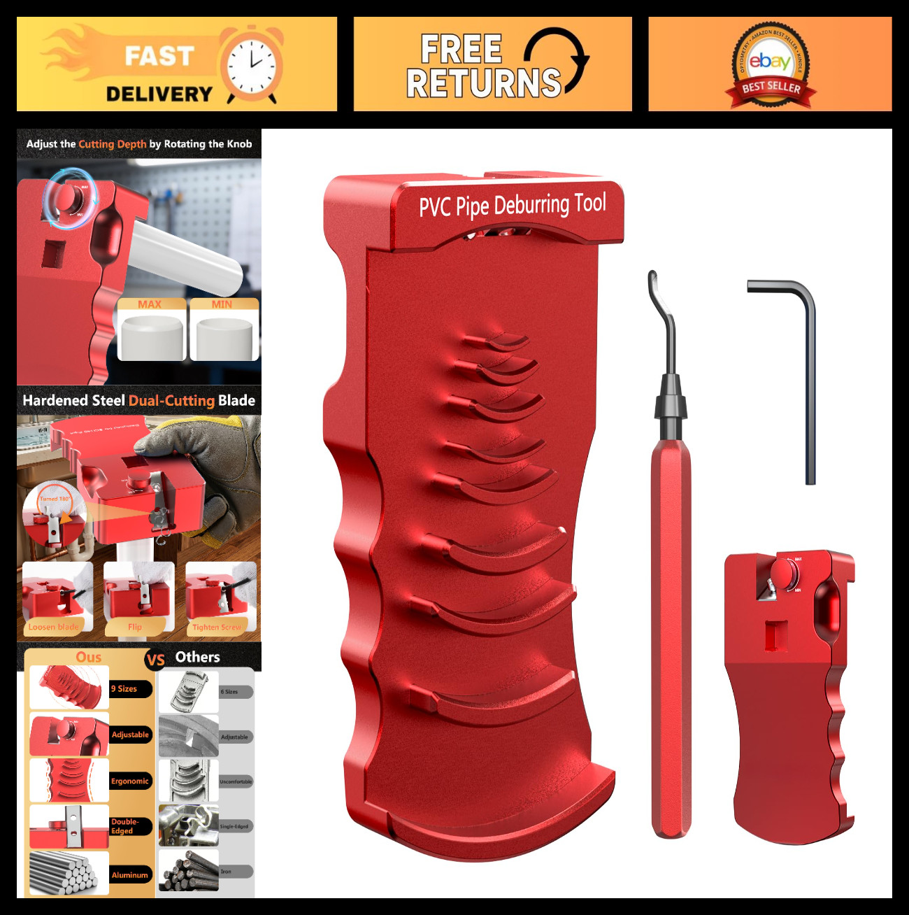 9-in-1 Adjustable PVC Pipe Deburring Tool Set, Chamfer & Reamer for Plumbing 0.5