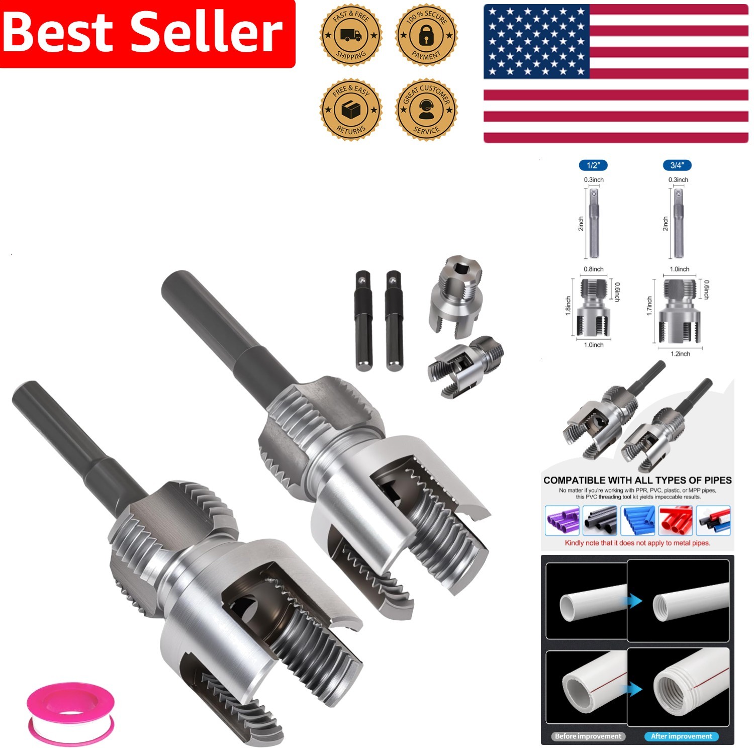 Dual-Function PVC Pipe Threader Set 2pc Internal External 1/2 3/4 Plastic Repair