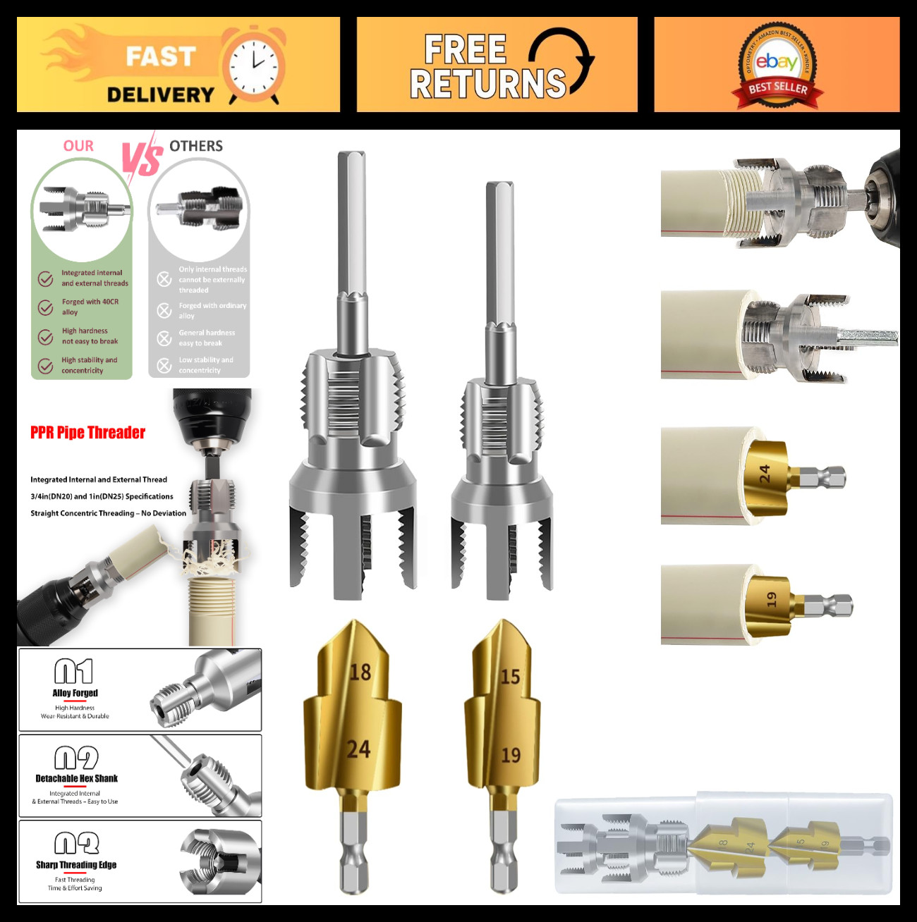 PPR Pipe Threader & Reaming Tool Kit – Electric Drill Style for 1/2″ & 3/4″ PVC,